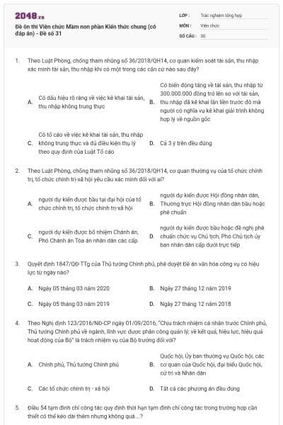 Đề ôn thi Viên chức Mầm non phần Kiến thức chung (có đáp án) - Đề số 31