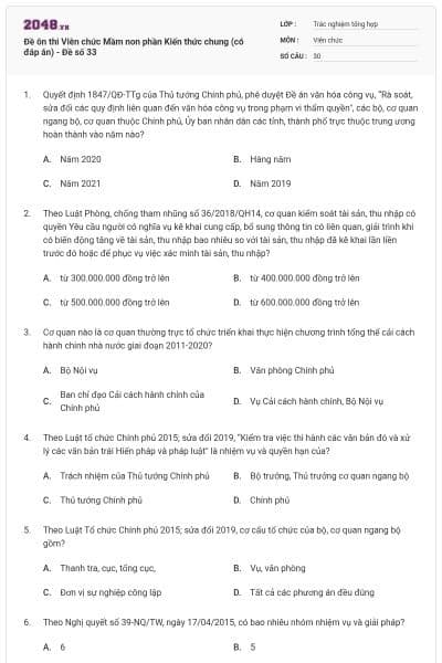 Đề ôn thi Viên chức Mầm non phần Kiến thức chung (có đáp án) - Đề số 33