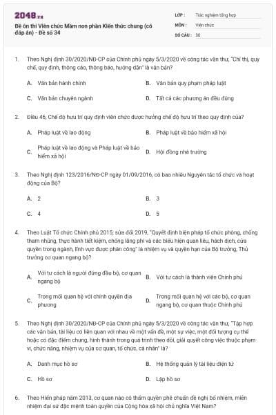 Đề ôn thi Viên chức Mầm non phần Kiến thức chung (có đáp án) - Đề số 34