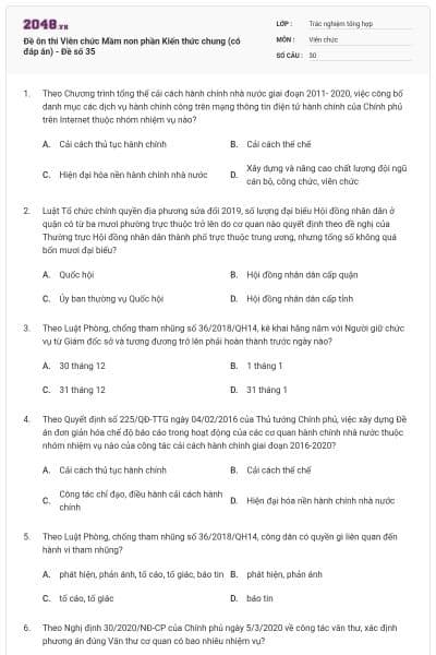 Đề ôn thi Viên chức Mầm non phần Kiến thức chung (có đáp án) - Đề số 35