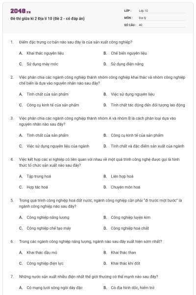 Đề thi giữa kì 2 Địa lí 10 (Đề 2 - có đáp án)