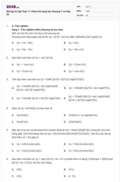 Bài tập ôn tập Toán 11 Chân trời sáng tạo Chương 7 có đáp án