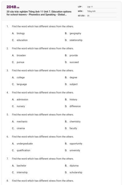 20 câu trắc nghiệm Tiếng Anh 11 Unit 7. Education options for school-leavers - Phonetics and Speaking - Global Success có đáp án