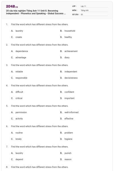 20 câu trắc nghiệm Tiếng Anh 11 Unit 8. Becoming independent - Phonetics and Speaking - Global Success có đáp án