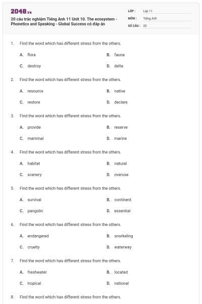 20 câu trắc nghiệm Tiếng Anh 11 Unit 10. The ecosystem - Phonetics and Speaking - Global Success có đáp án