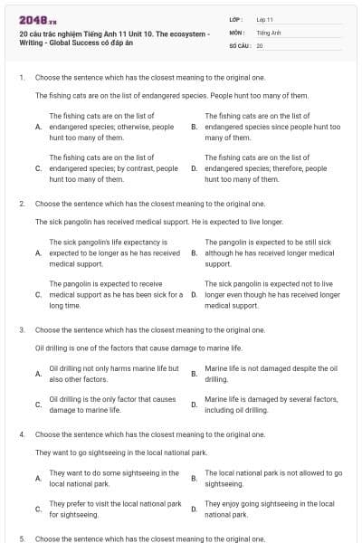 20 câu trắc nghiệm Tiếng Anh 11 Unit 10. The ecosystem - Writing - Global Success có đáp án