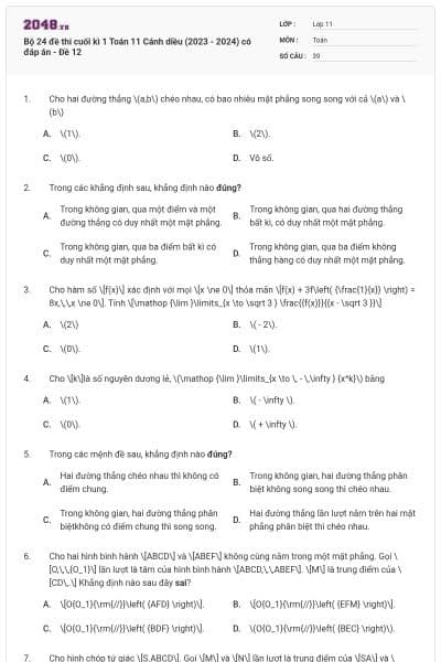 Bộ 24 đề thi cuối kì 1 Toán 11 Cánh diều (2023 - 2024) có đáp án - Đề 12