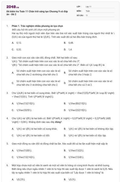 Đề kiểm tra Toán 11 Chân trời sáng tạo Chương 9 có đáp án - Đề 2
