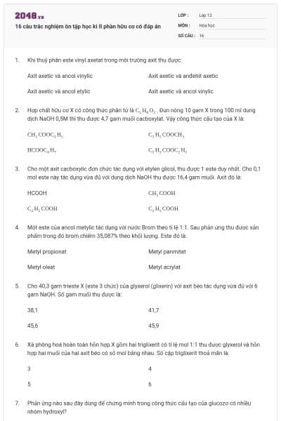16 câu trắc nghiệm ôn tập học kì II phần hữu cơ có đáp án