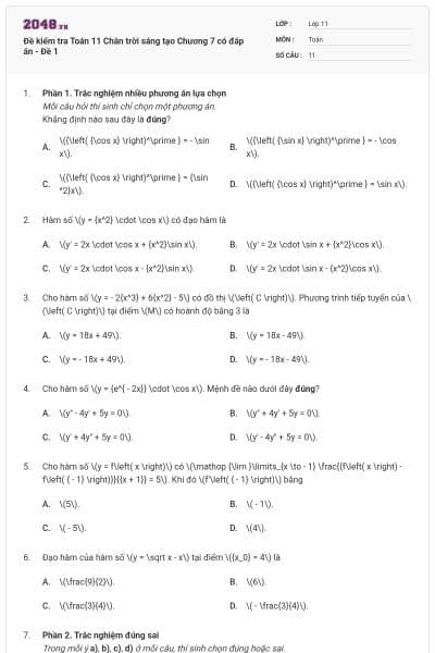 Đề kiểm tra Toán 11 Chân trời sáng tạo Chương 7 có đáp án - Đề 1