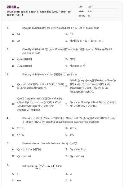 Bộ 24 đề thi cuối kì 1 Toán 11 Cánh diều (2023 - 2024) có đáp án - Đề 14