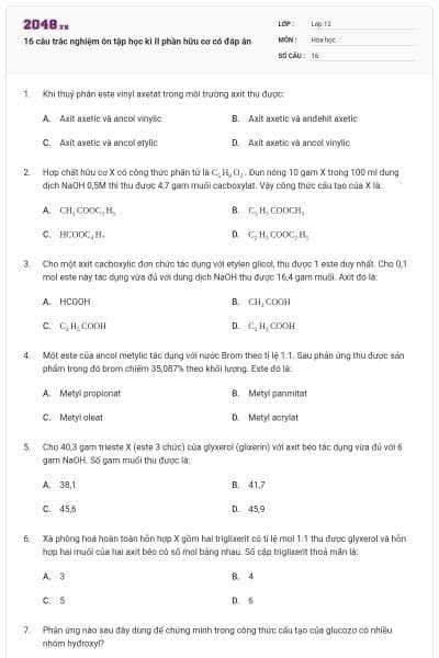 16 câu trắc nghiệm ôn tập học kì II phần hữu cơ có đáp án