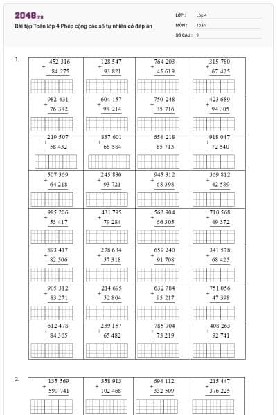 Bài tập Toán lớp 4 Phép cộng các số tự nhiên có đáp án