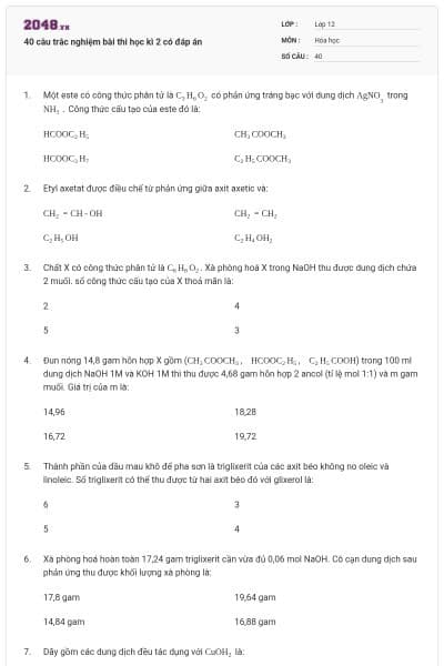 40 câu trắc nghiệm bài thi học kì 2 có đáp án