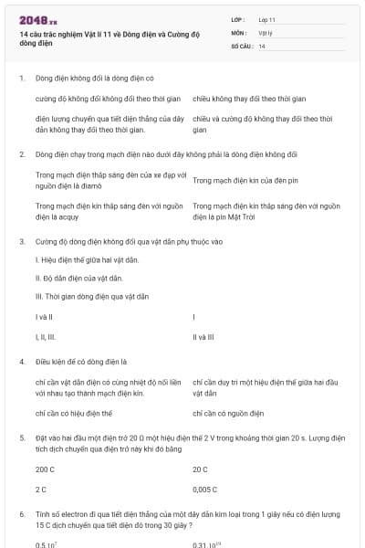 14 câu trắc nghiệm Vật lí 11 về Dòng điện và Cường độ dòng điện