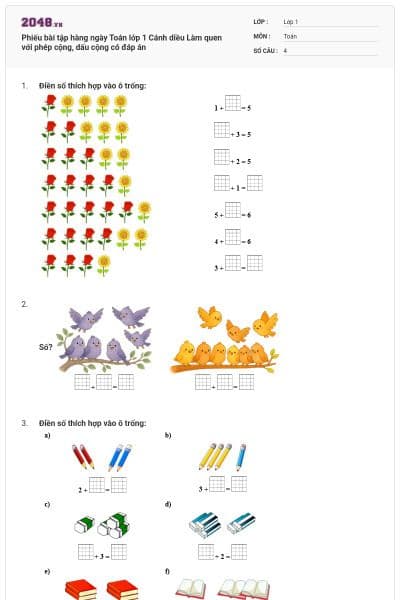 Phiếu bài tập hàng ngày Toán lớp 1 Cánh diều Làm quen với phép cộng, dấu cộng có đáp án