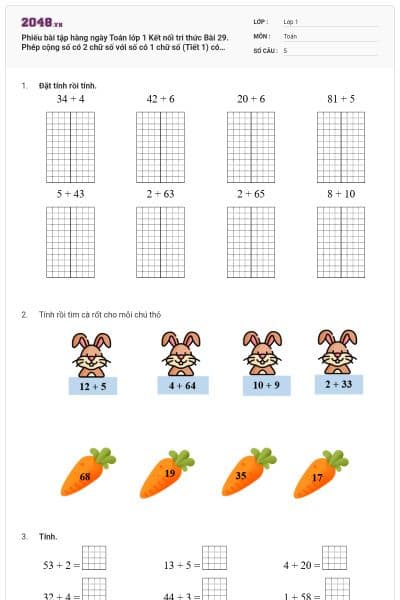 Phiếu bài tập hàng ngày Toán lớp 1 Kết nối tri thức Bài 29. Phép cộng số có 2 chữ số với số có 1 chữ số (Tiết 1) có đáp án