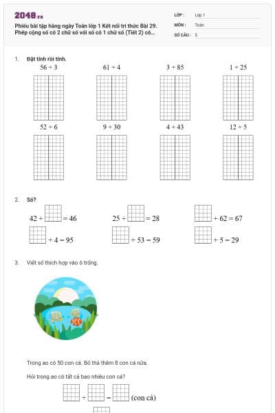 Phiếu bài tập hàng ngày Toán lớp 1 Kết nối tri thức Bài 29. Phép cộng số có 2 chữ số với số có 1 chữ số (Tiết 2) có đáp án