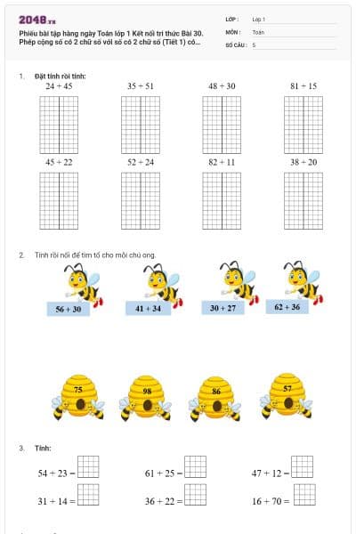 Phiếu bài tập hàng ngày Toán lớp 1 Kết nối tri thức Bài 30. Phép cộng số có 2 chữ số với số có 2 chữ số (Tiết 1) có đáp án