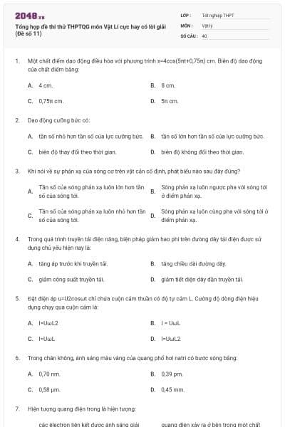 Tổng hợp đề thi thử THPTQG môn Vật Lí cực hay có lời giải (Đề số 11)