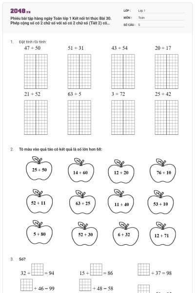 Phiếu bài tập hàng ngày Toán lớp 1 Kết nối tri thức Bài 30. Phép cộng số có 2 chữ số với số có 2 chữ số (Tiết 2) có đáp án
