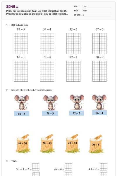 Phiếu bài tập hàng ngày Toán lớp 1 Kết nối tri thức Bài 31. Phép trừ số có 2 chữ số cho số có 1 chữ số (Tiết 1) có đáp án