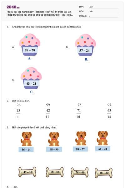 Phiếu bài tập hàng ngày Toán lớp 1 Kết nối tri thức Bài 32. Phép trừ số có hai chữ số cho số có hai chữ số (Tiết 1) có đáp án