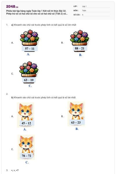 Phiếu bài tập hàng ngày Toán lớp 1 Kết nối tri thức Bài 32. Phép trừ số có hai chữ số cho số có hai chữ số (Tiết 2) có đáp án