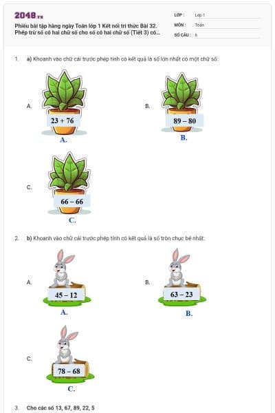 Phiếu bài tập hàng ngày Toán lớp 1 Kết nối tri thức Bài 32. Phép trừ số có hai chữ số cho số có hai chữ số (Tiết 3) có đáp án