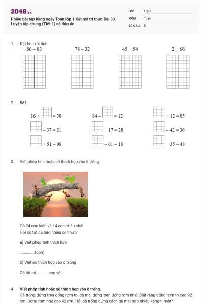 Phiếu bài tập hàng ngày Toán lớp 1 Kết nối tri thức Bài 33. Luyện tập chung (Tiết 1) có đáp án
