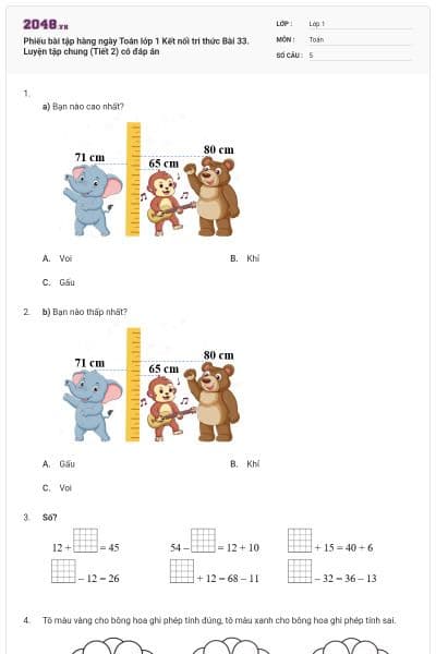 Phiếu bài tập hàng ngày Toán lớp 1 Kết nối tri thức Bài 33. Luyện tập chung (Tiết 2) có đáp án