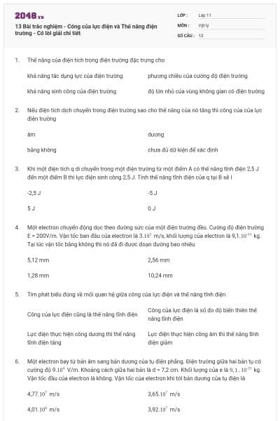 13 Bài trắc nghiệm - Công của lực điện và Thế năng điện trường - Có lời giải chi tiết