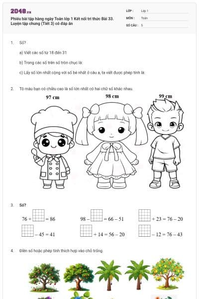 Phiếu bài tập hàng ngày Toán lớp 1 Kết nối tri thức Bài 33. Luyện tập chung (Tiết 3) có đáp án