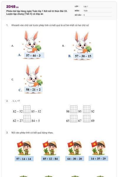 Phiếu bài tập hàng ngày Toán lớp 1 Kết nối tri thức Bài 33. Luyện tập chung (Tiết 4) có đáp án