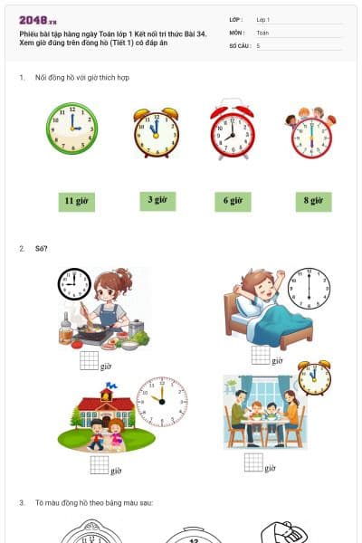 Phiếu bài tập hàng ngày Toán lớp 1 Kết nối tri thức Bài 34. Xem giờ đúng trên đồng hồ (Tiết 1) có đáp án