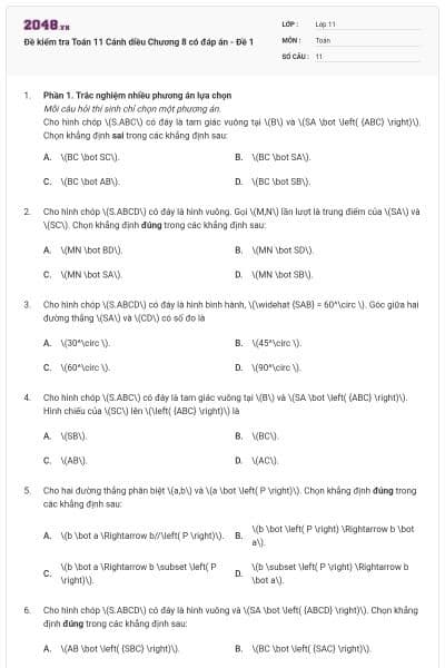 Đề kiểm tra Toán 11 Cánh diều Chương 8 có đáp án - Đề 1