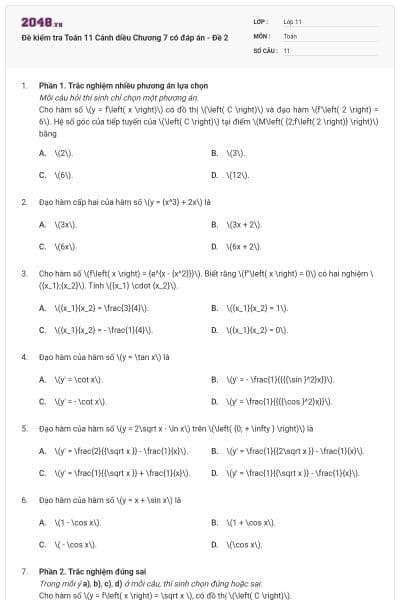 Đề kiểm tra Toán 11 Cánh diều Chương 7 có đáp án - Đề 2