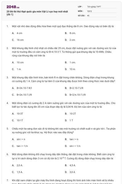20 Đề thi thử thpt quốc gia môn Vật Lí cực hay mới nhất (đề 1)