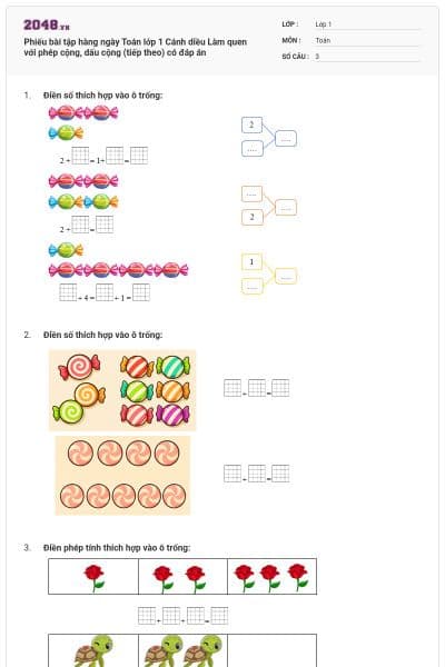 Phiếu bài tập hàng ngày Toán lớp 1 Cánh diều Làm quen với phép cộng, dấu cộng (tiếp theo) có đáp án