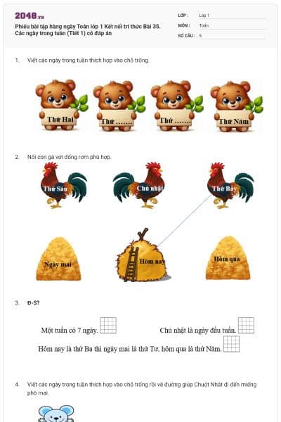 Phiếu bài tập hàng ngày Toán lớp 1 Kết nối tri thức Bài 35. Các ngày trong tuần (Tiết 1) có đáp án