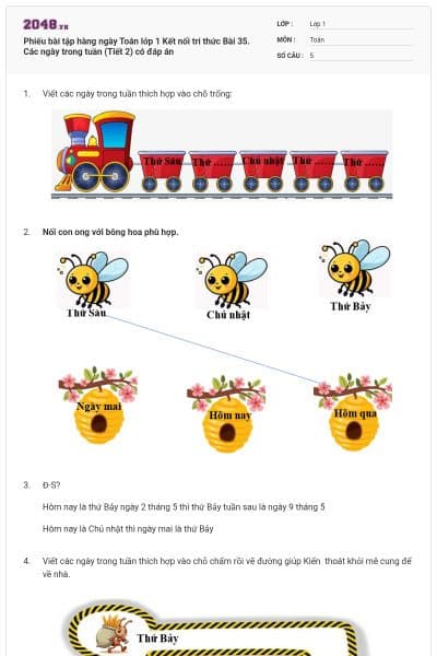 Phiếu bài tập hàng ngày Toán lớp 1 Kết nối tri thức Bài 35. Các ngày trong tuần (Tiết 2) có đáp án