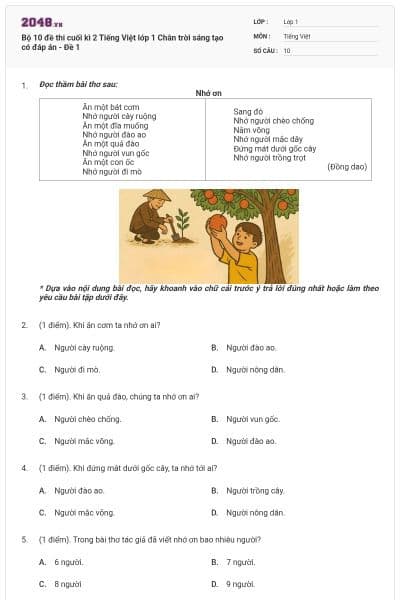 Bộ 10 đề thi cuối kì 2 Tiếng Việt lớp 1 Chân trời sáng tạo có đáp án - Đề 1