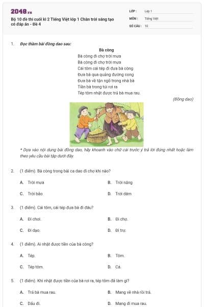 Bộ 10 đề thi cuối kì 2 Tiếng Việt lớp 1 Chân trời sáng tạo có đáp án - Đề 4