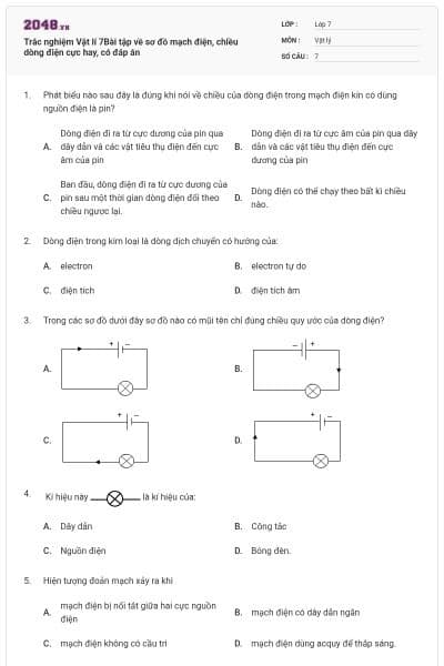 Trắc nghiệm Vật lí 7Bài tập về sơ đồ mạch điện, chiều dòng điện cực hay, có đáp án