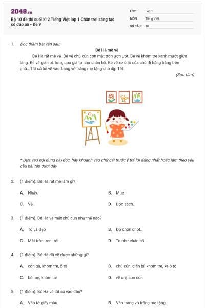 Bộ 10 đề thi cuối kì 2 Tiếng Việt lớp 1 Chân trời sáng tạo có đáp án - Đề 9