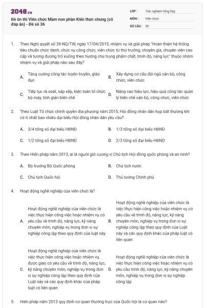 Đề ôn thi Viên chức Mầm non phần Kiến thức chung (có đáp án) - Đề số 36