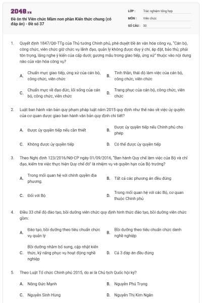 Đề ôn thi Viên chức Mầm non phần Kiến thức chung (có đáp án) - Đề số 37