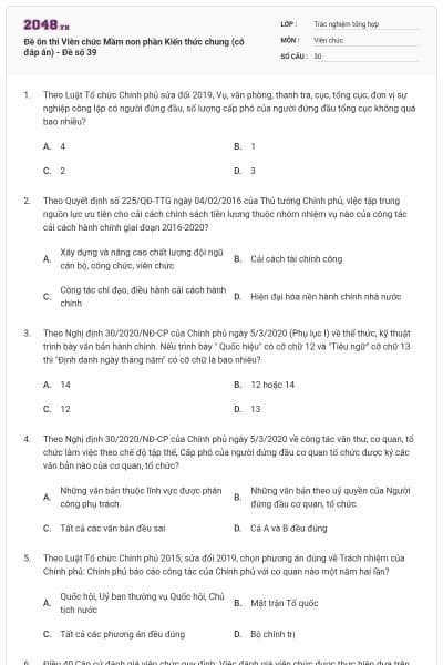 Đề ôn thi Viên chức Mầm non phần Kiến thức chung (có đáp án) - Đề số 39