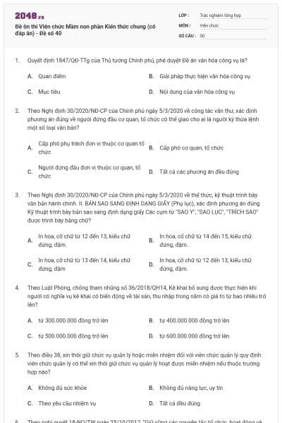 Đề ôn thi Viên chức Mầm non phần Kiến thức chung (có đáp án) - Đề số 40