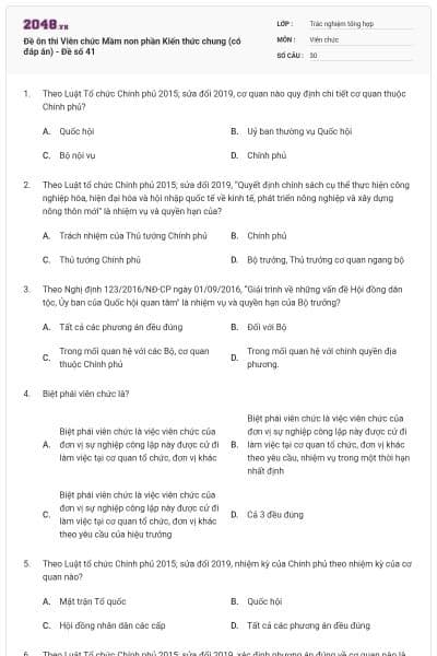 Đề ôn thi Viên chức Mầm non phần Kiến thức chung (có đáp án) - Đề số 41